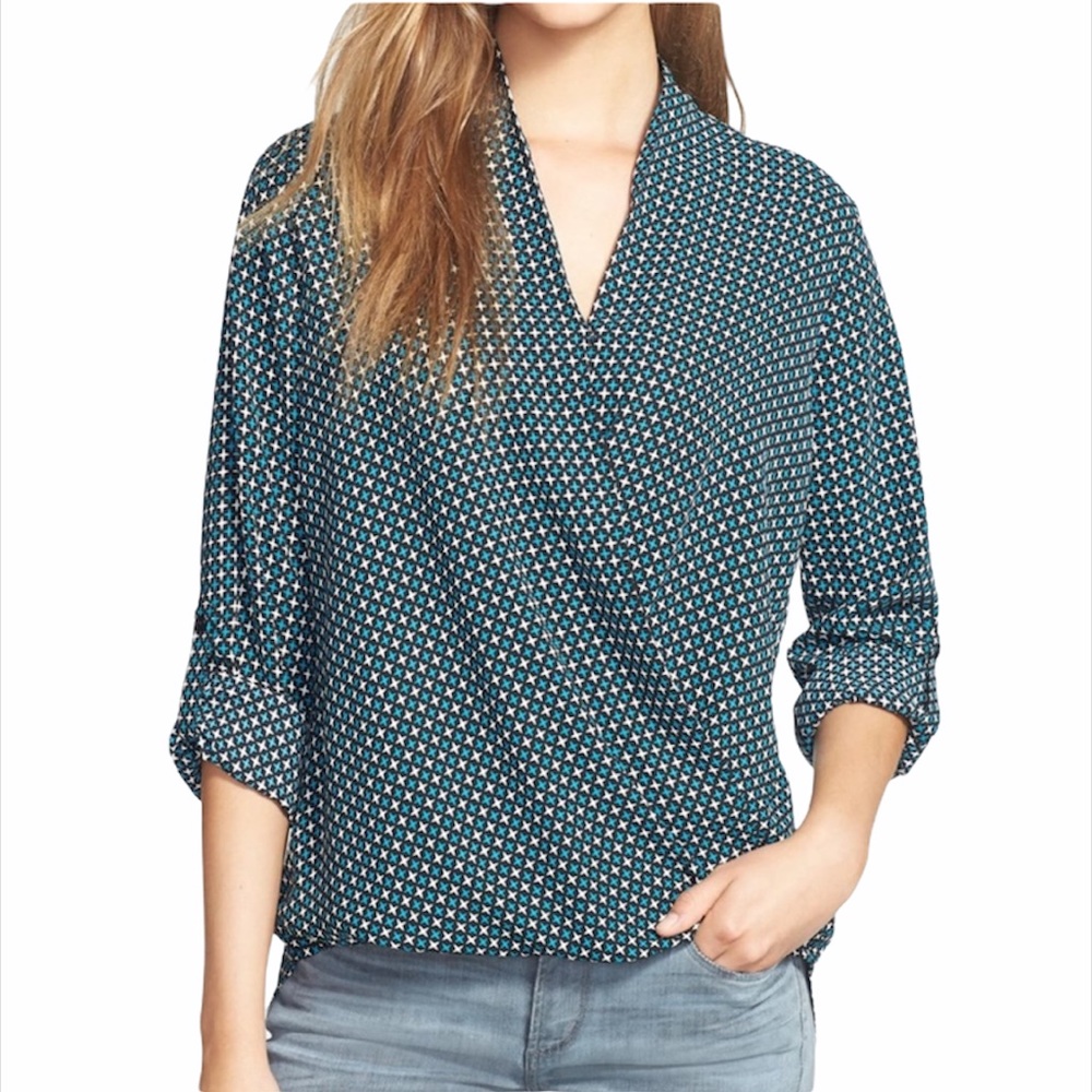 Pleione Mini Print Faux Wrap Blouse Size Small